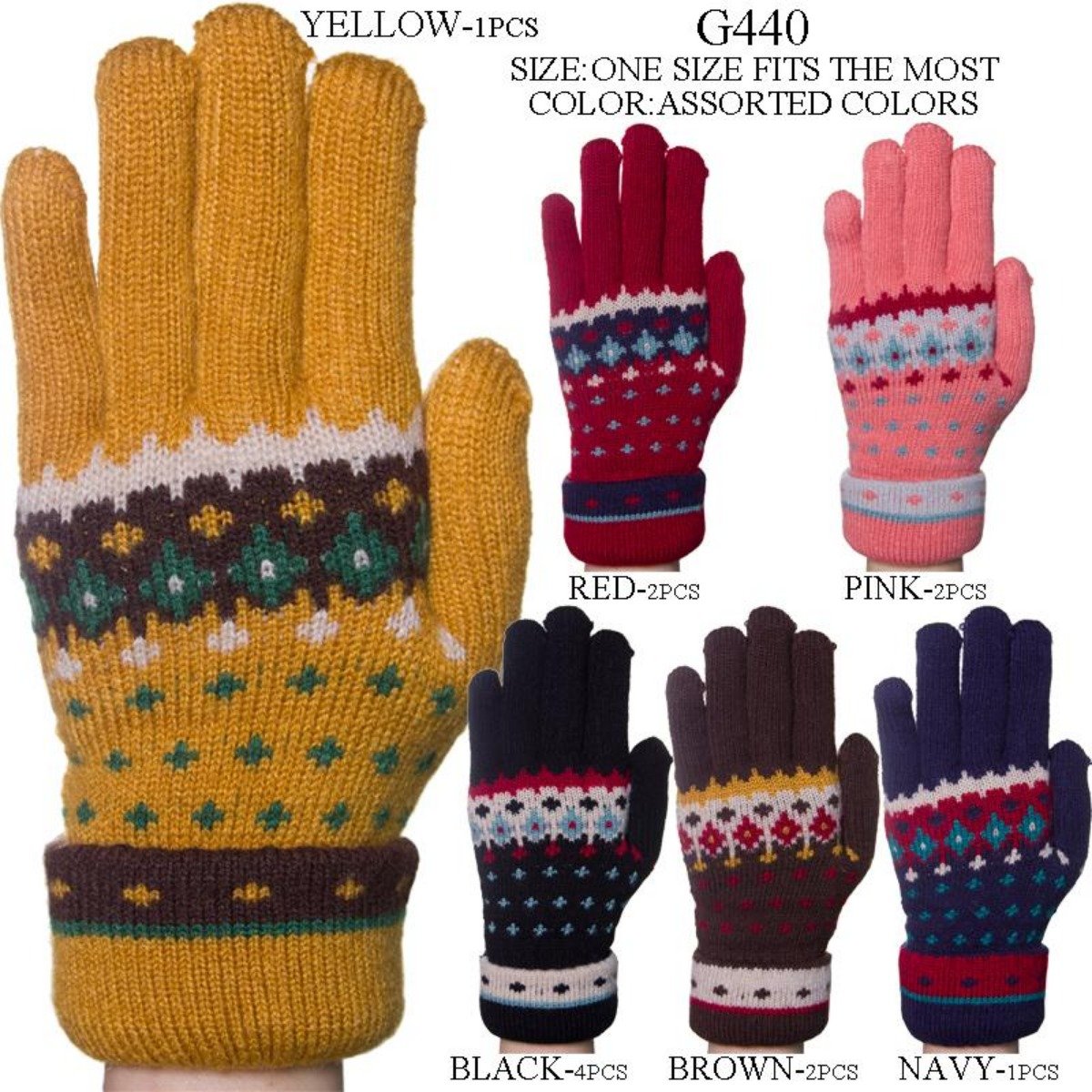 Fleur-De-Lis Pattern Knitted Gloves W/ Cuffs & Sherpa Lining - 12Pc Set