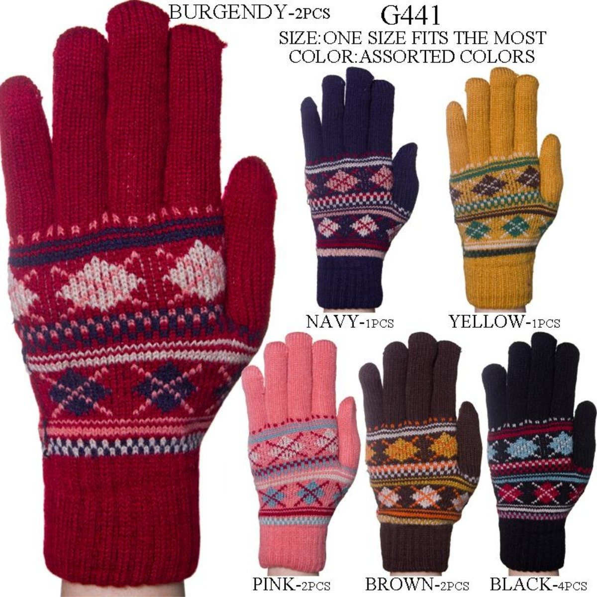 Diamond Pattern Knitted Gloves W/ Sherpa Lining - 12Pc Set