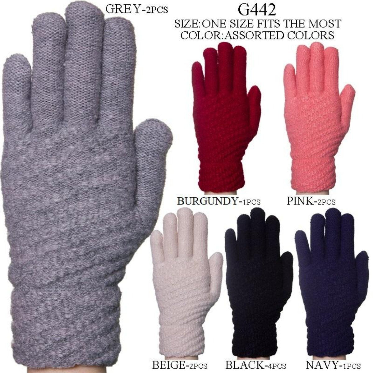 Solid Color Knitted Gloves W/ Sherpa Lining - 12Pc Set
