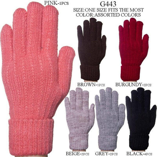 Solid Color Knitted Gloves W/ Cuffs & Sherpa Lining - 12Pc Set