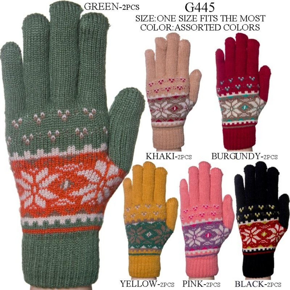 Snowflake Print Knitted Gloves W/ Sherpa Lining - 12Pc Set