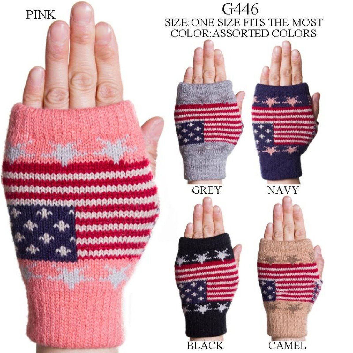 American Flag Print Knitted Fingerless Gloves - 12Pc Set