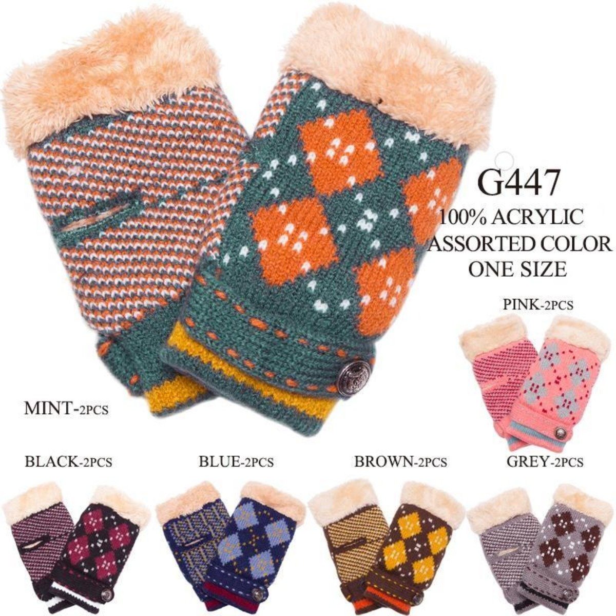 Diamond Pattern Knitted Fingerless Gloves W/ Sherpa Lining - 12Pc Set