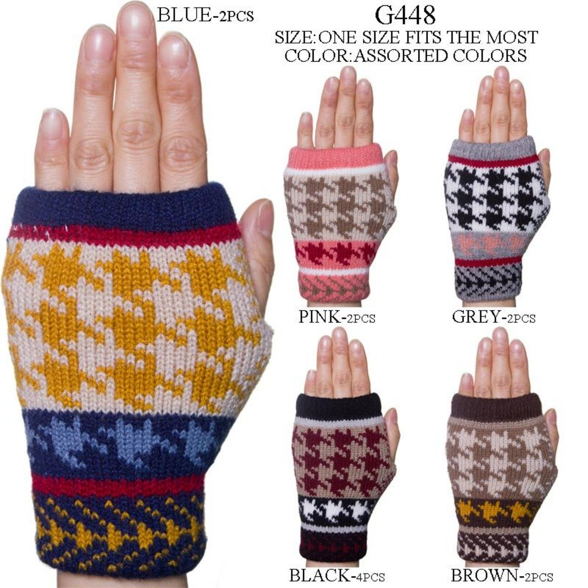 Houndstooth Pattern Knitted Fingerless Gloves - 12Pc Set