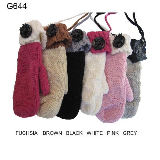Two-Tone Knitted Mittens W/ Button & Connecting String - 12Pc Set