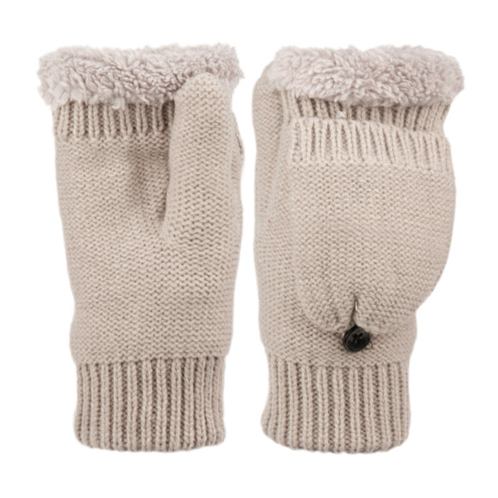 Fingerless Knit Mittens With Cover & Sherpa Lining