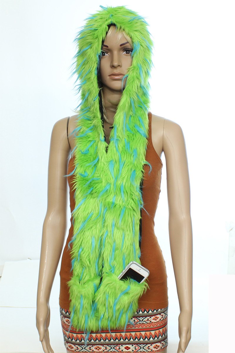 Neon Colored Faux Fur Hat & Scarf Set W/ Pockets