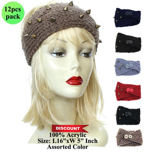 Metal Studded Knitted Headband - 12Pc Set