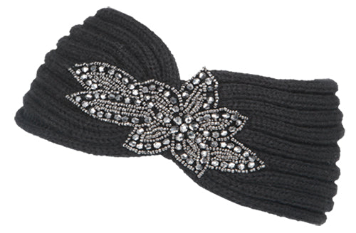 Fashion Knit Headband With Sequin Flower Trim