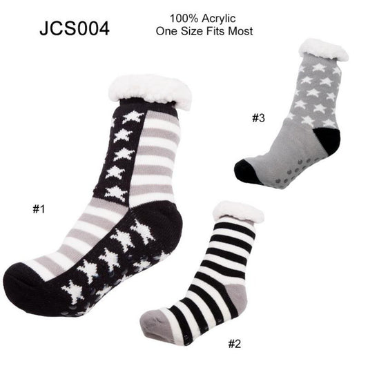 Star & Stripe Pattern Non-Slip Long Knitted Socks W/ Fleece Lining - 12Pc Set