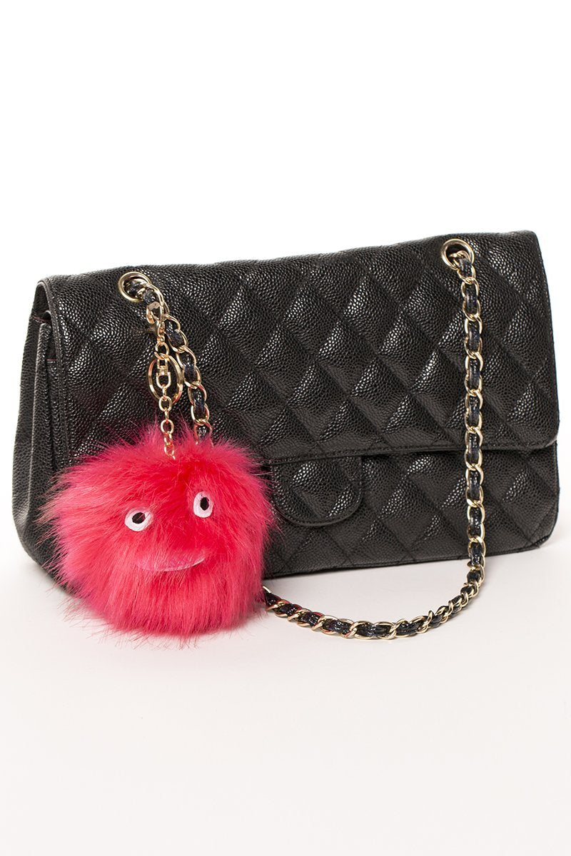 Solid Color Faux Fur Pom-Pom Keychain W/ A Face (Handbag Not Included)