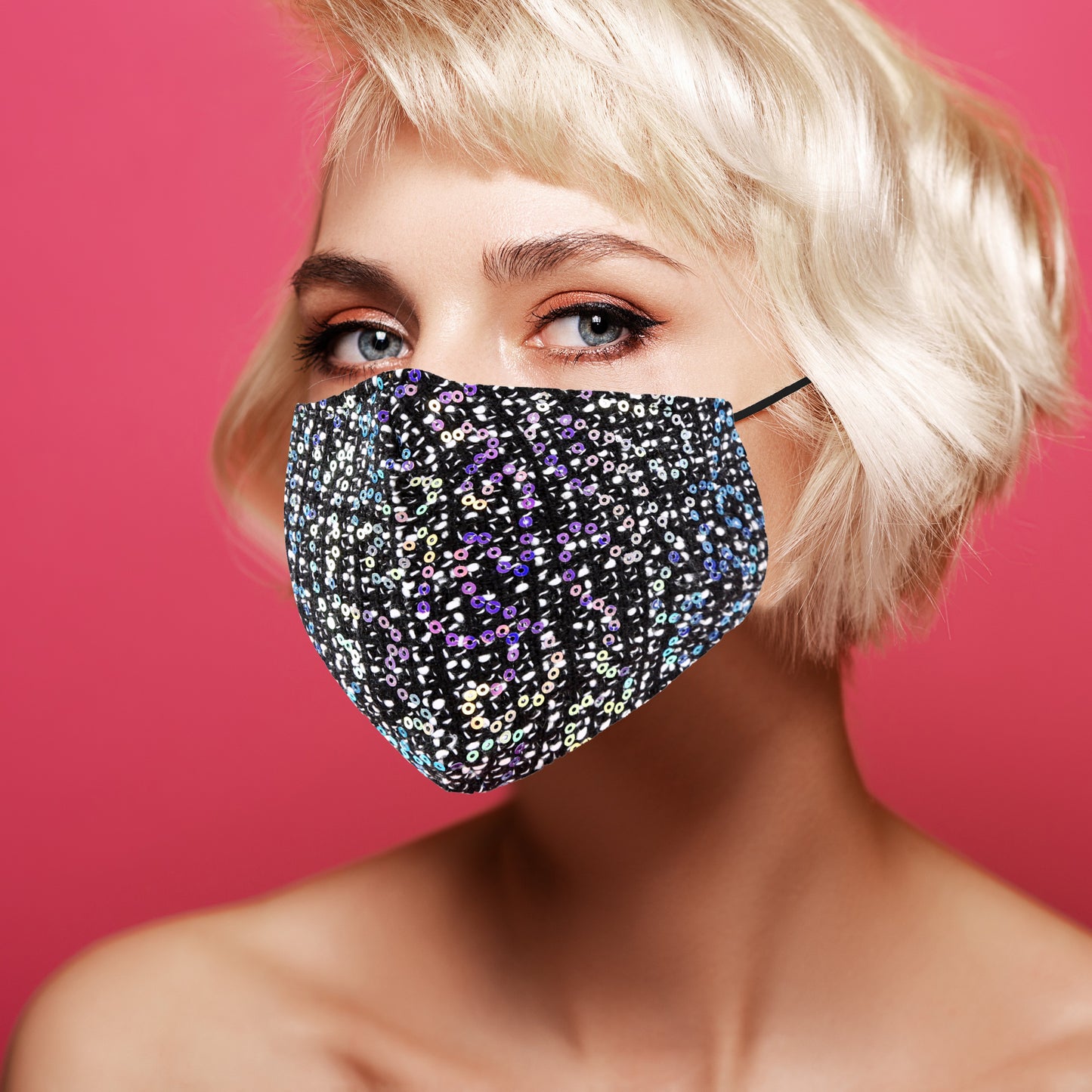 Sequined Washable & Reusable Winter Cotton Face Mask W/ Diamond Shaped Lining & Filter Pocket 
