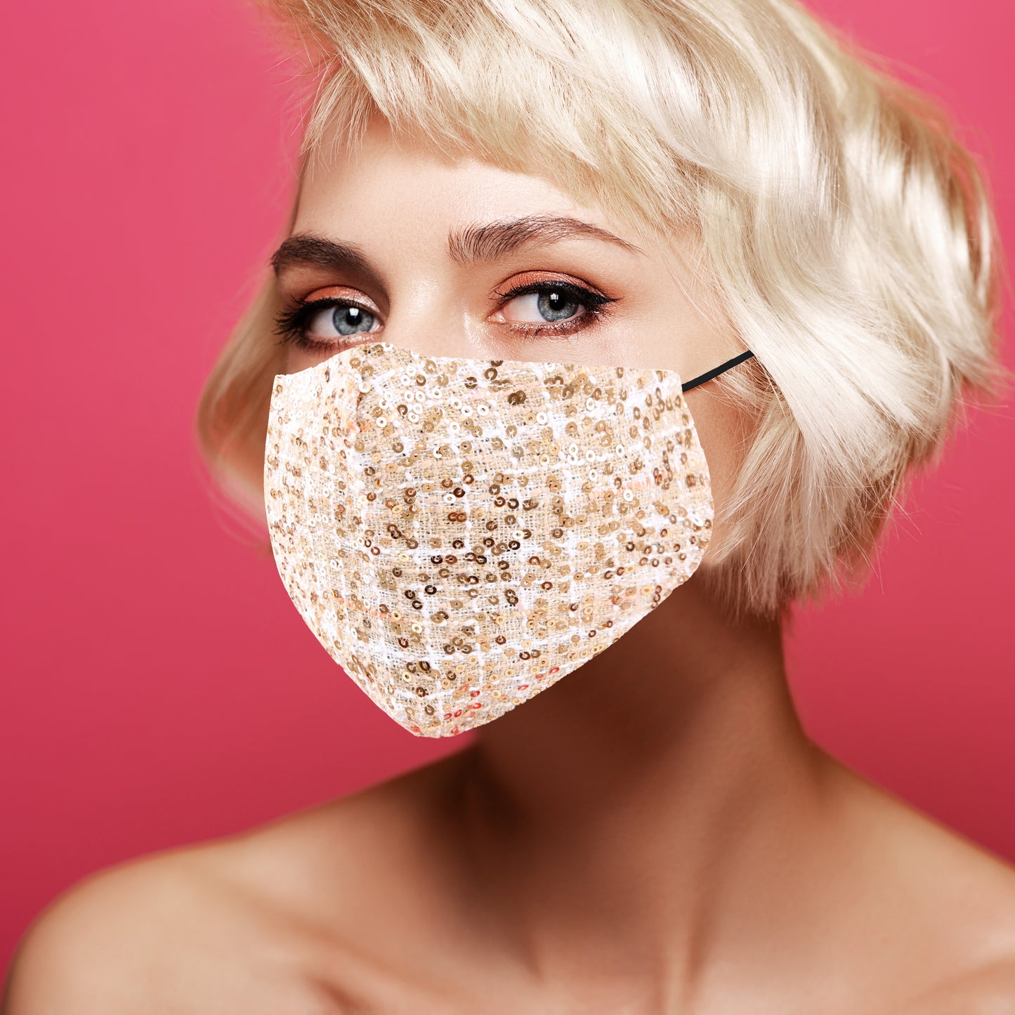 Sequined Washable & Reusable Winter Cotton Face Mask W/ Diamond Shaped Lining & Filter Pocket 