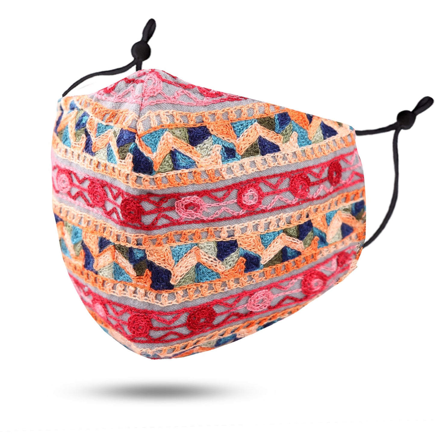 Embroidered Washable & Reusable Winter Cotton Face Mask W/ Diamond Shaped Lining & Filter Pocket 