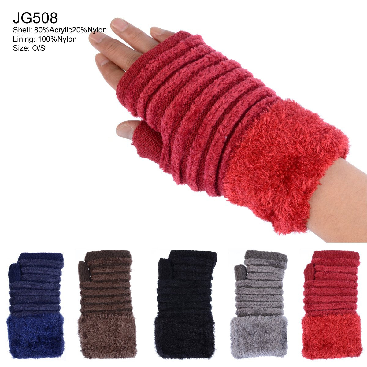 Solid Color Fingerless Gloves W/ Cuffs & Chenille Lining - 12Pc Set