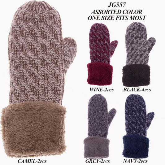 Multi-Colored Knitted Mittens W/ Fleece Cuffs - 12Pc Set