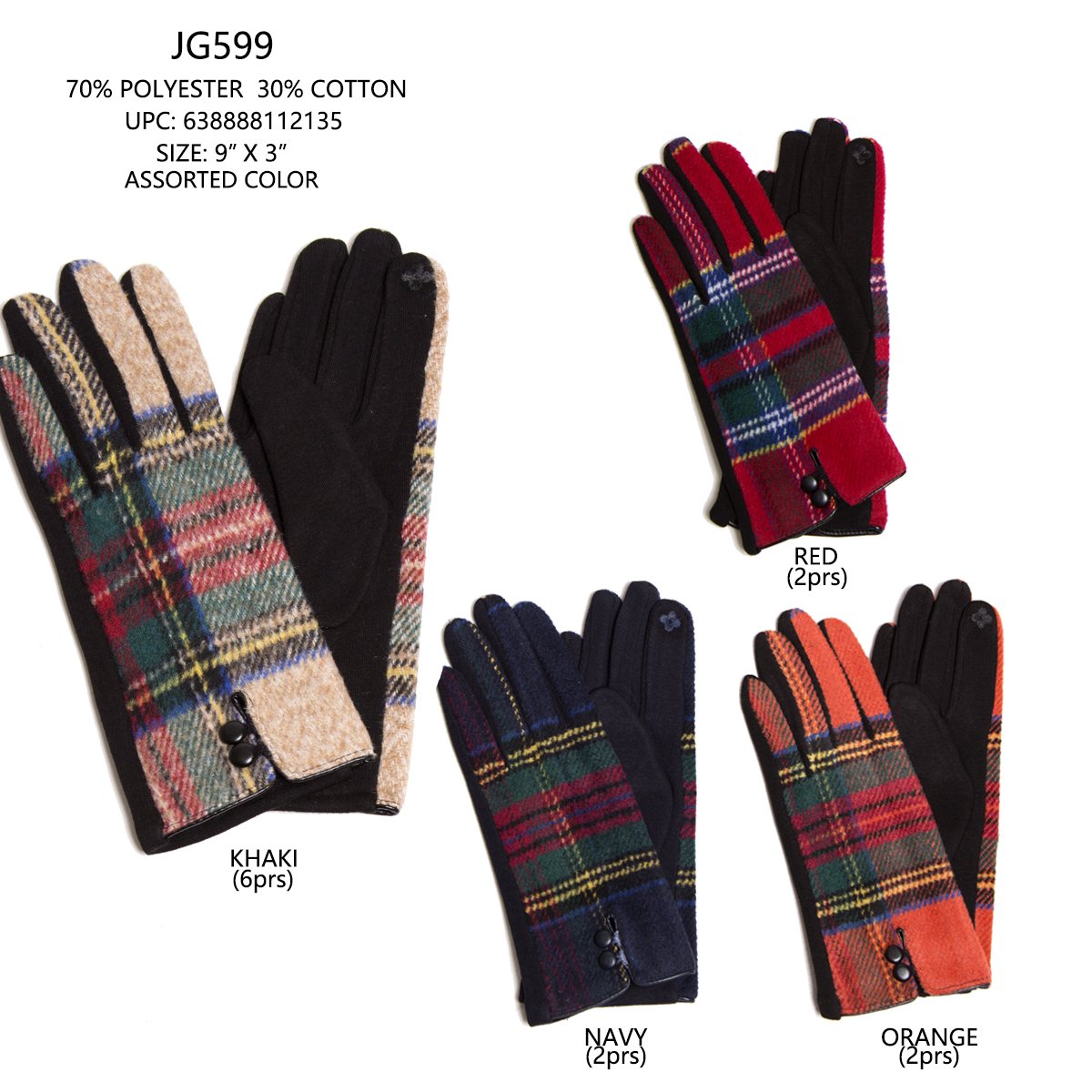 Plaid Pattern Screen-Touch Gloves W/ Buttons - 12Pc Set