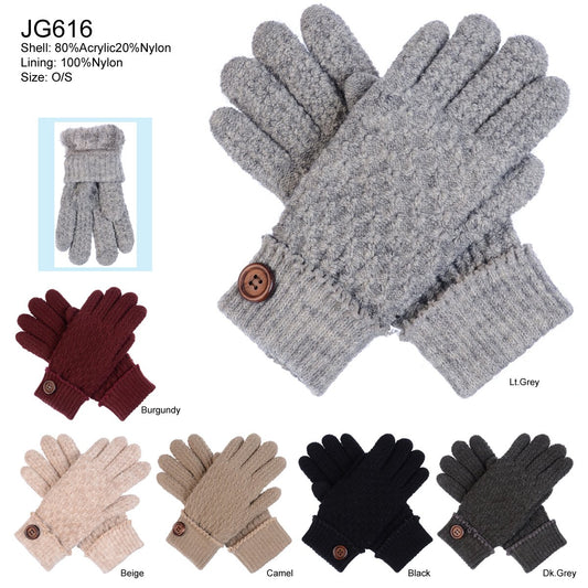 Solid Color Knitted Gloves W/ Button & Chenille Lining - 12Pc Set