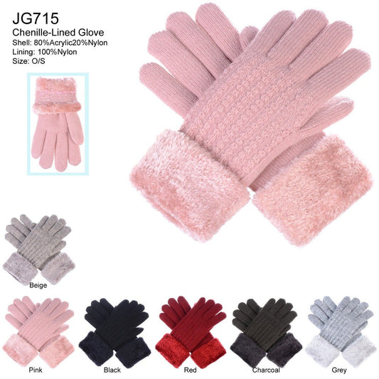 Solid Color Knitted Gloves W/ Cuffs & Chenille Lining - 12Pc Set