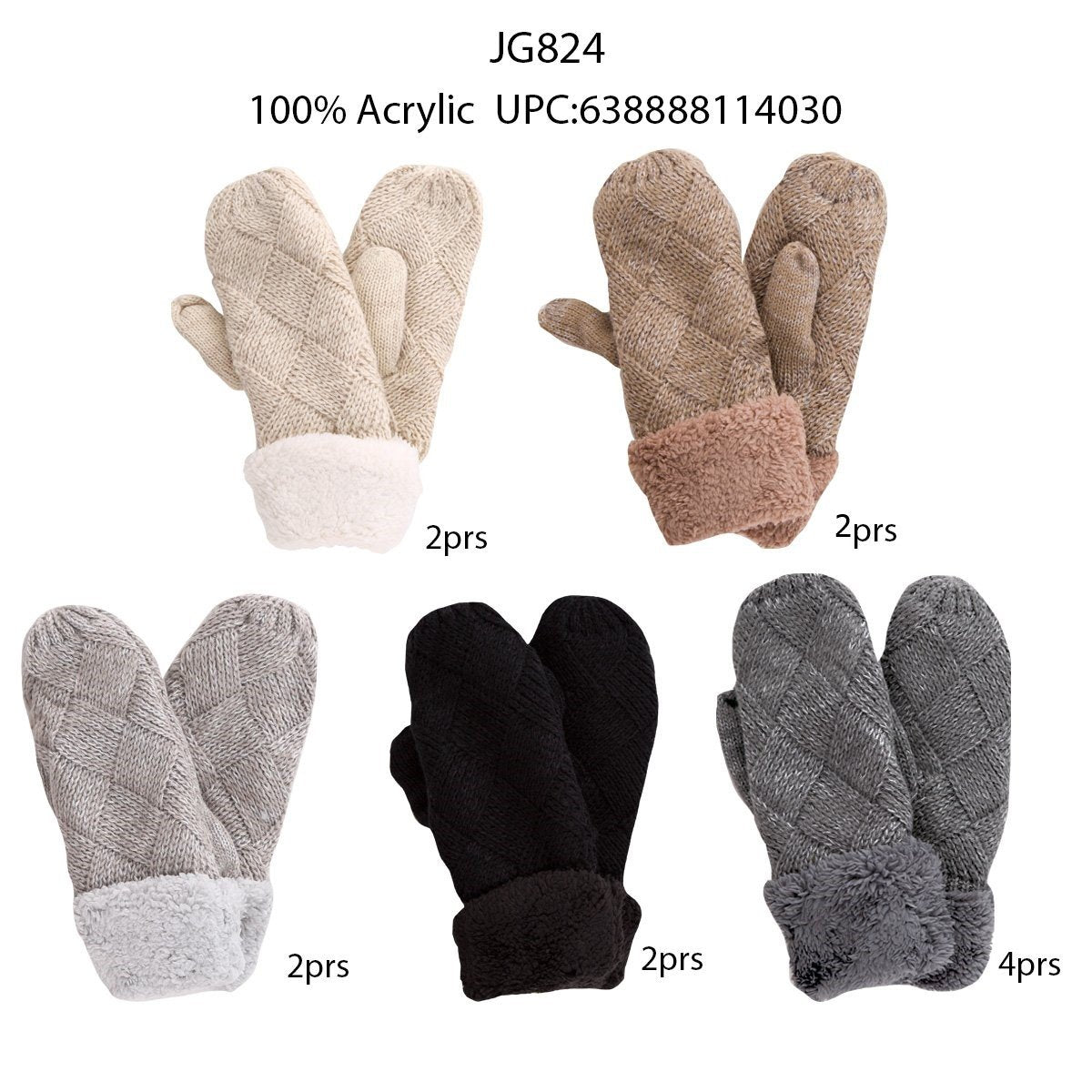 Solid Color Knitted Mittens W/ Fleece Cuffs - 12Pc Set