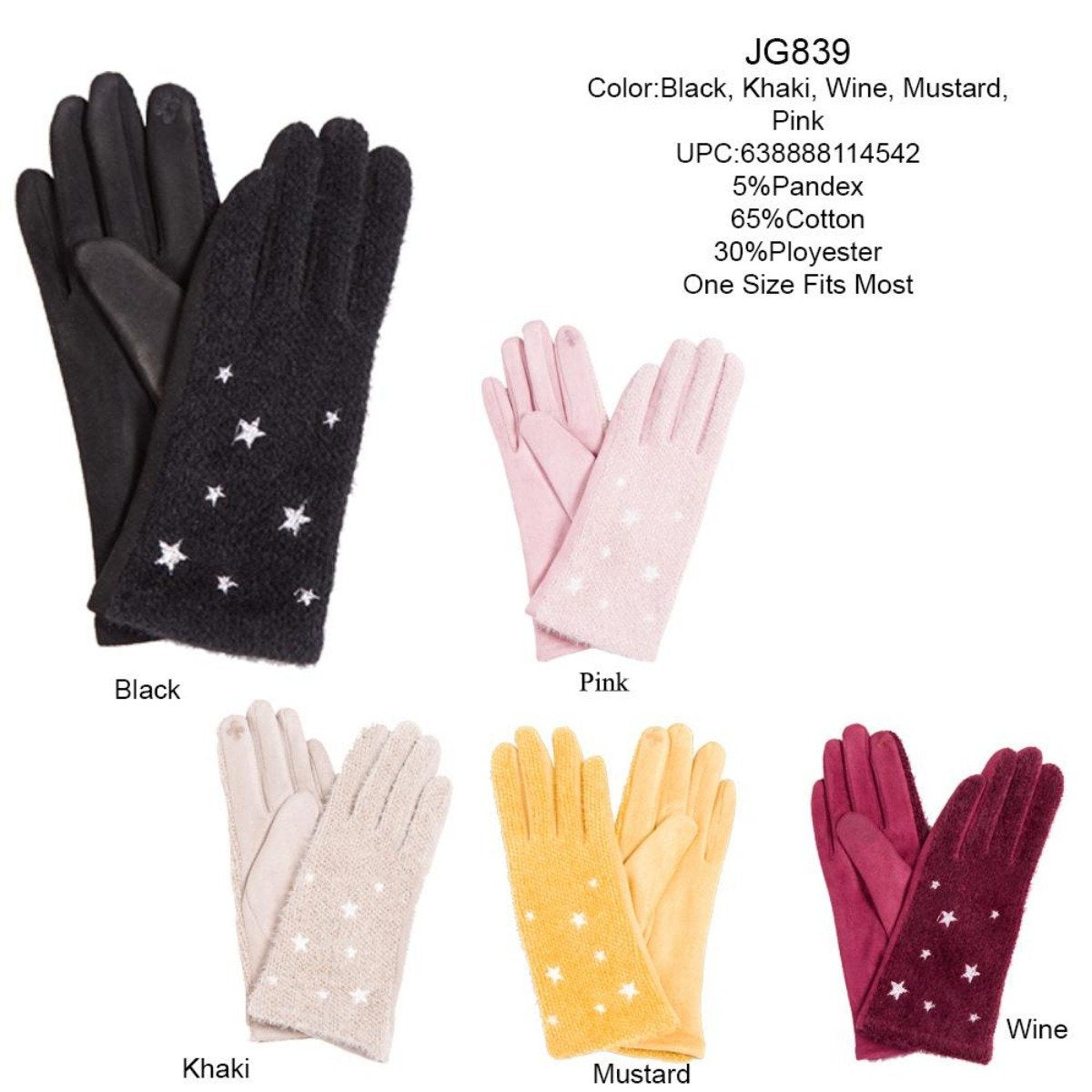 Solid Color Screen-Touch Gloves W/ Star Embroidery - 12Pc Set