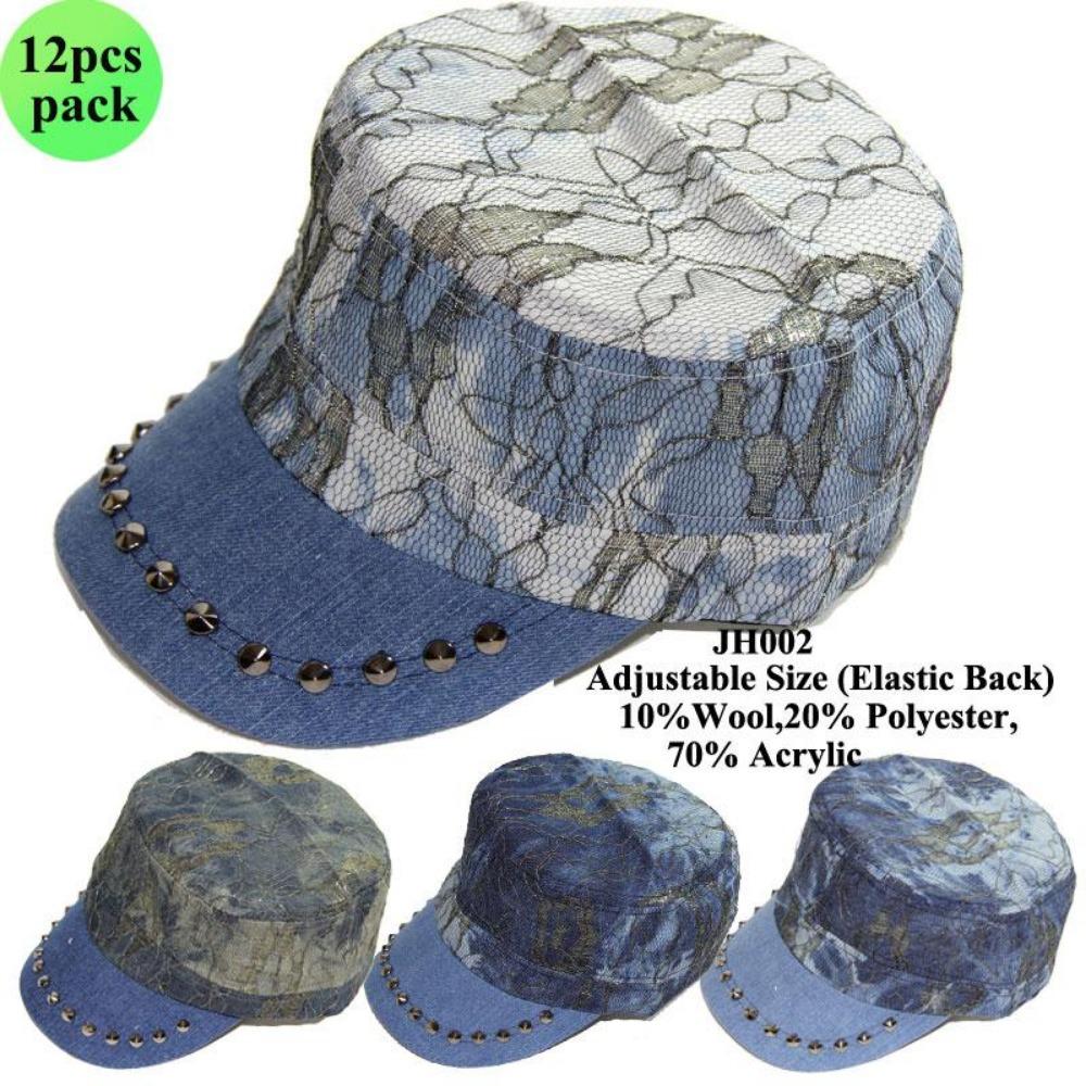 Rhinestone Studded Denim Hat W/ Lace - 12Pc Set