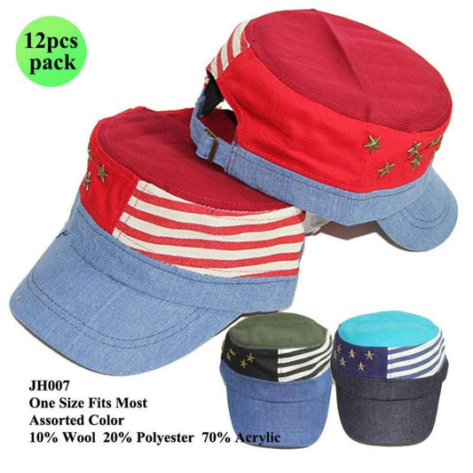 American Flag Inspired Denim Hat W/ Metal Studded Stars - 12Pc Set