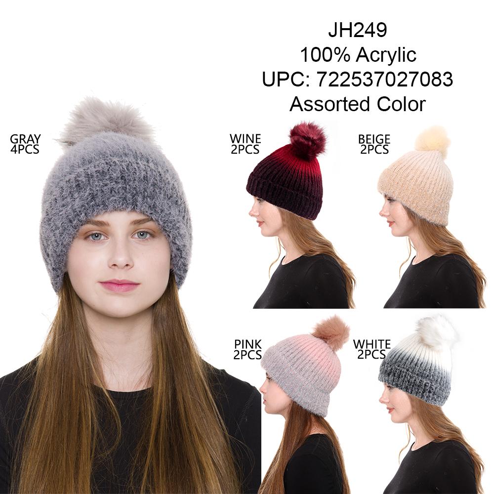 Color-Gradient Knitted Beanie W/ Faux Fur Pom-Pom & Sherpa Lining - 12Pc Set