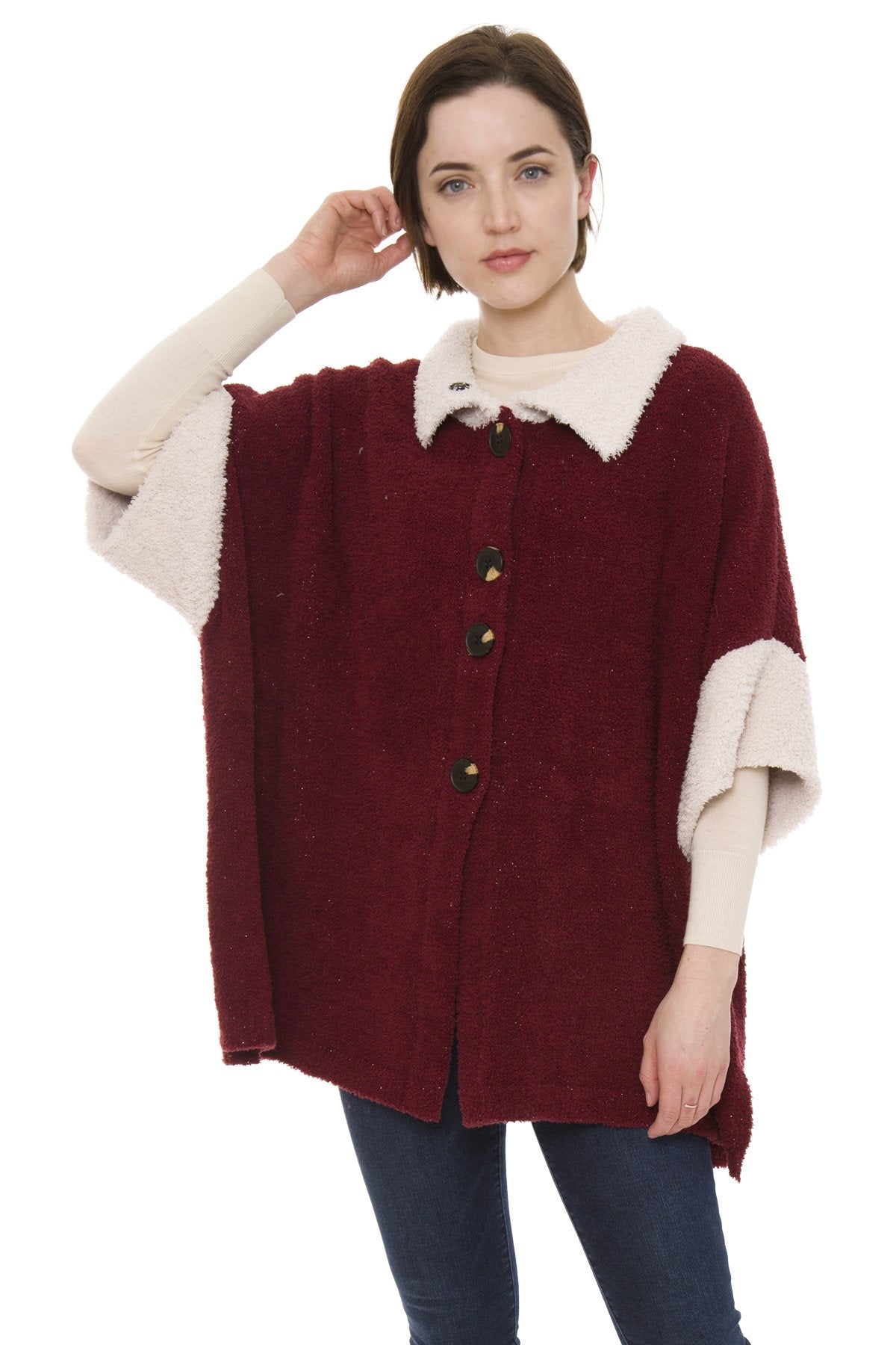 Two-Tone Oversized Sweater W/ Angel Sleeves, Sherpa Edges & Button Closure