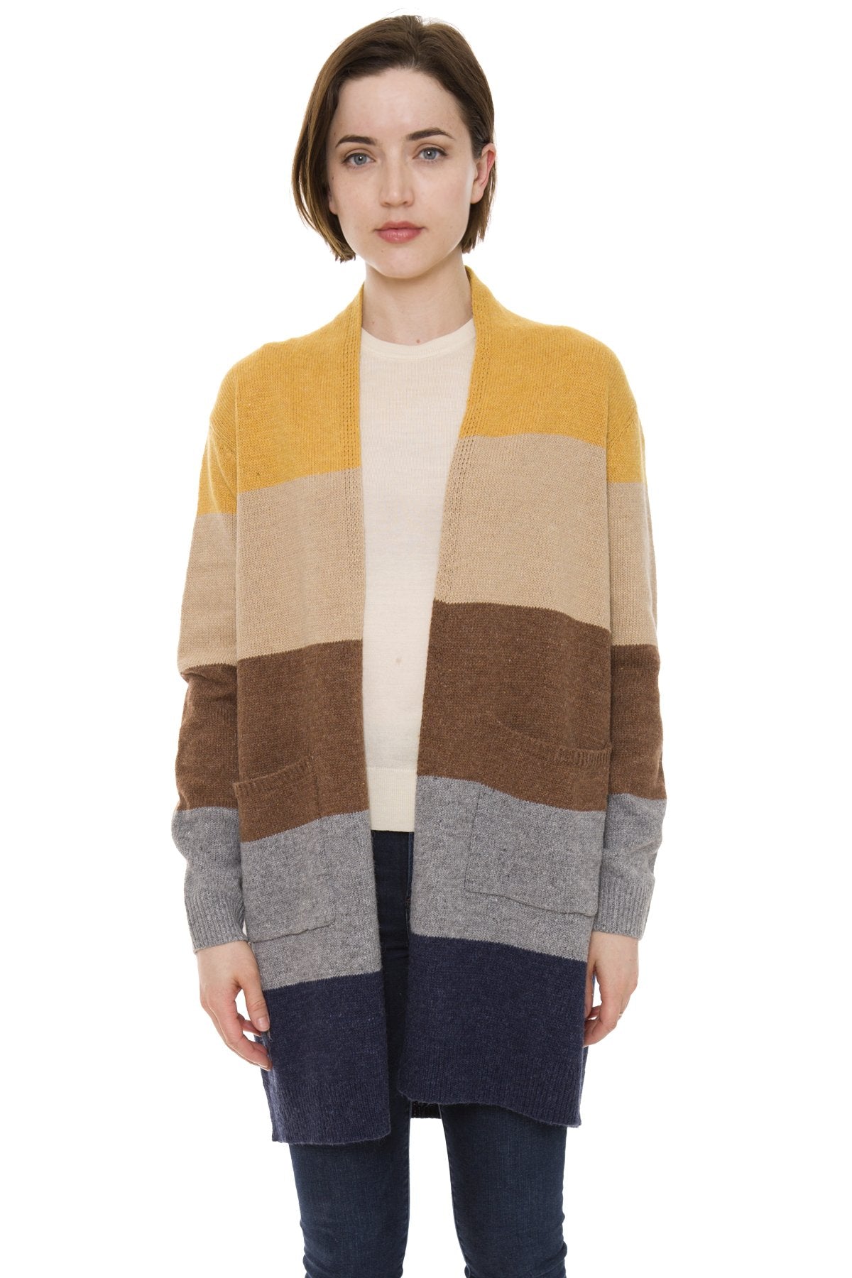 Color-Blocked Knitted Cardigan W/ Pockets & Hook Closure