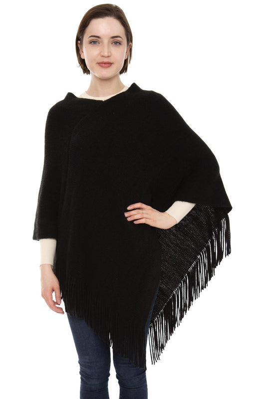 Solid Color Knitted Poncho W/ Fringe 