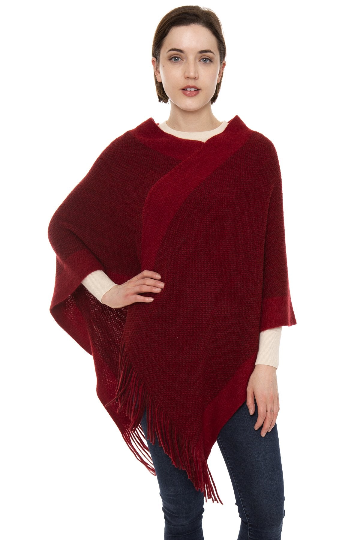Solid Color Knitted Poncho W/ Fringe 