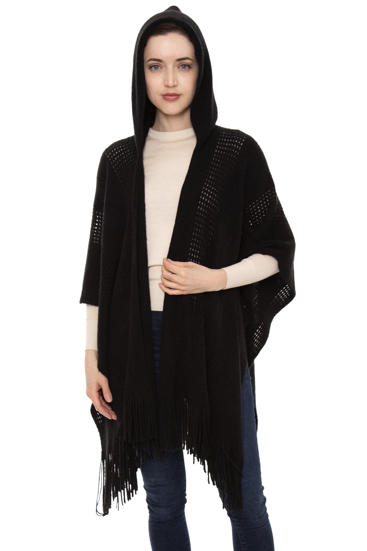 Solid Color Hollow Knitted Ruana W/ Hood & Fringe
