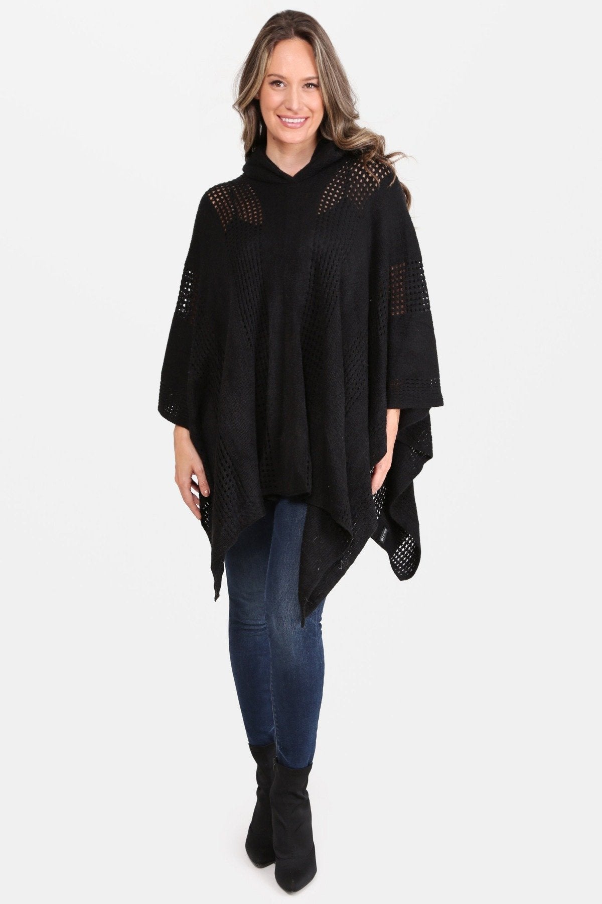 Solid Color Hollow Knitted Poncho W/ Hood