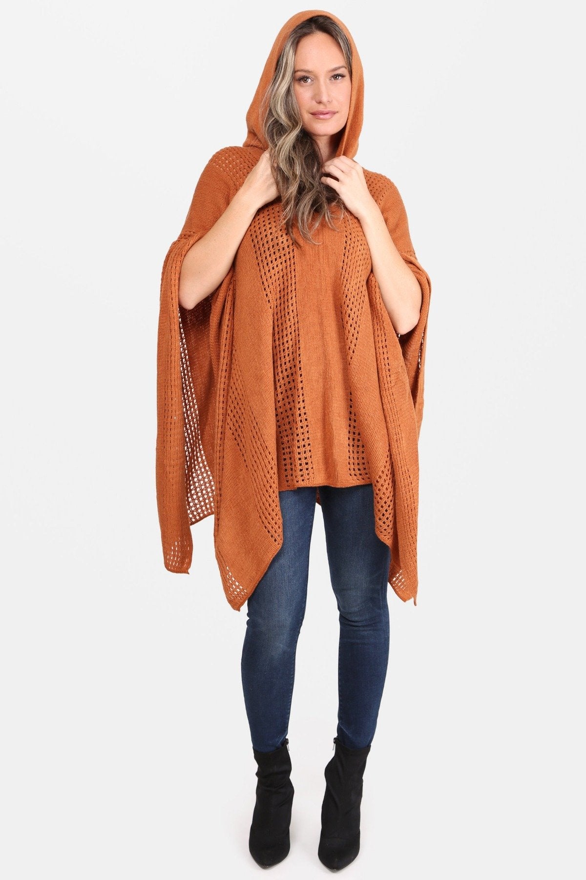 Solid Color Hollow Knitted Poncho W/ Hood