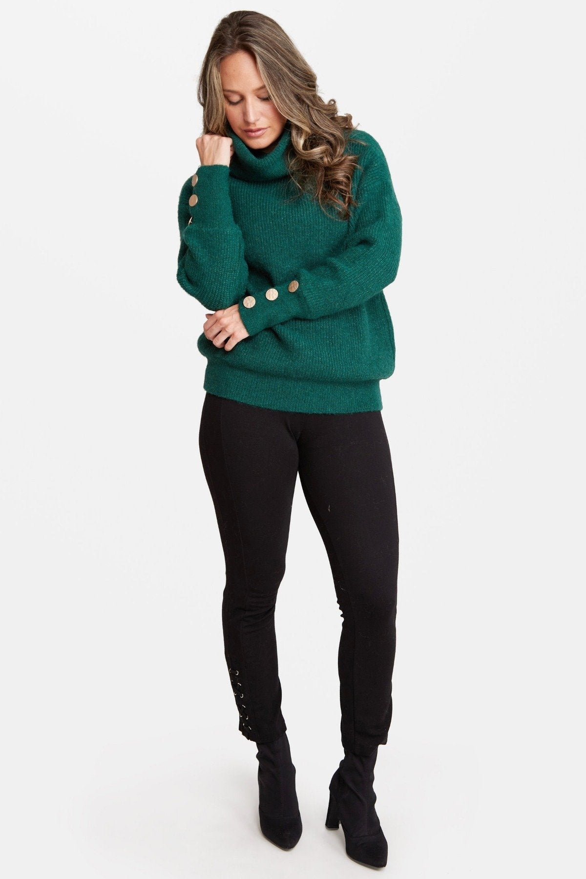 Solid Color Knitted Turtleneck Sweater W/ Buttons