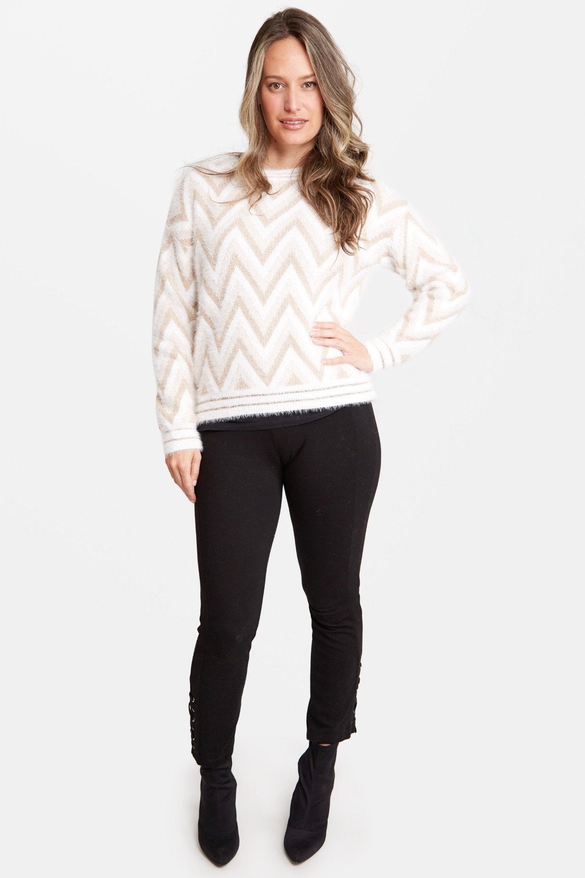 Solid Color W/ Lurex Zig - Zag Pattern Sweater 