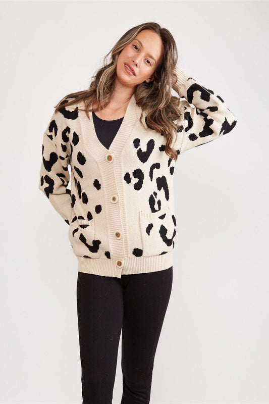 Leopard Print Knitted Cardigan W/ Pockets & Button Closure