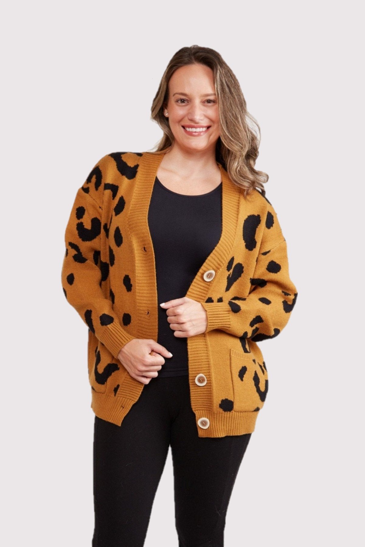 Leopard Print Knitted Cardigan W/ Pockets & Button Closure