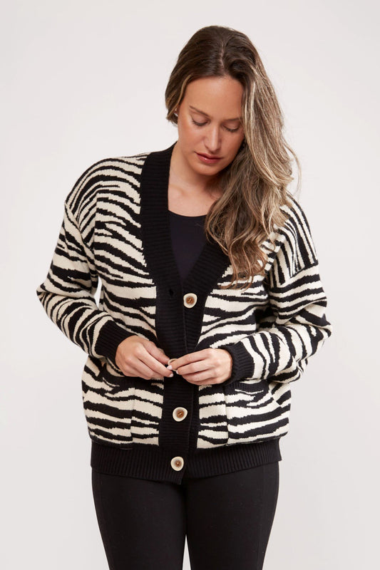 Zebra Print Knitted Cardigan W/ Pockets & Button Closure