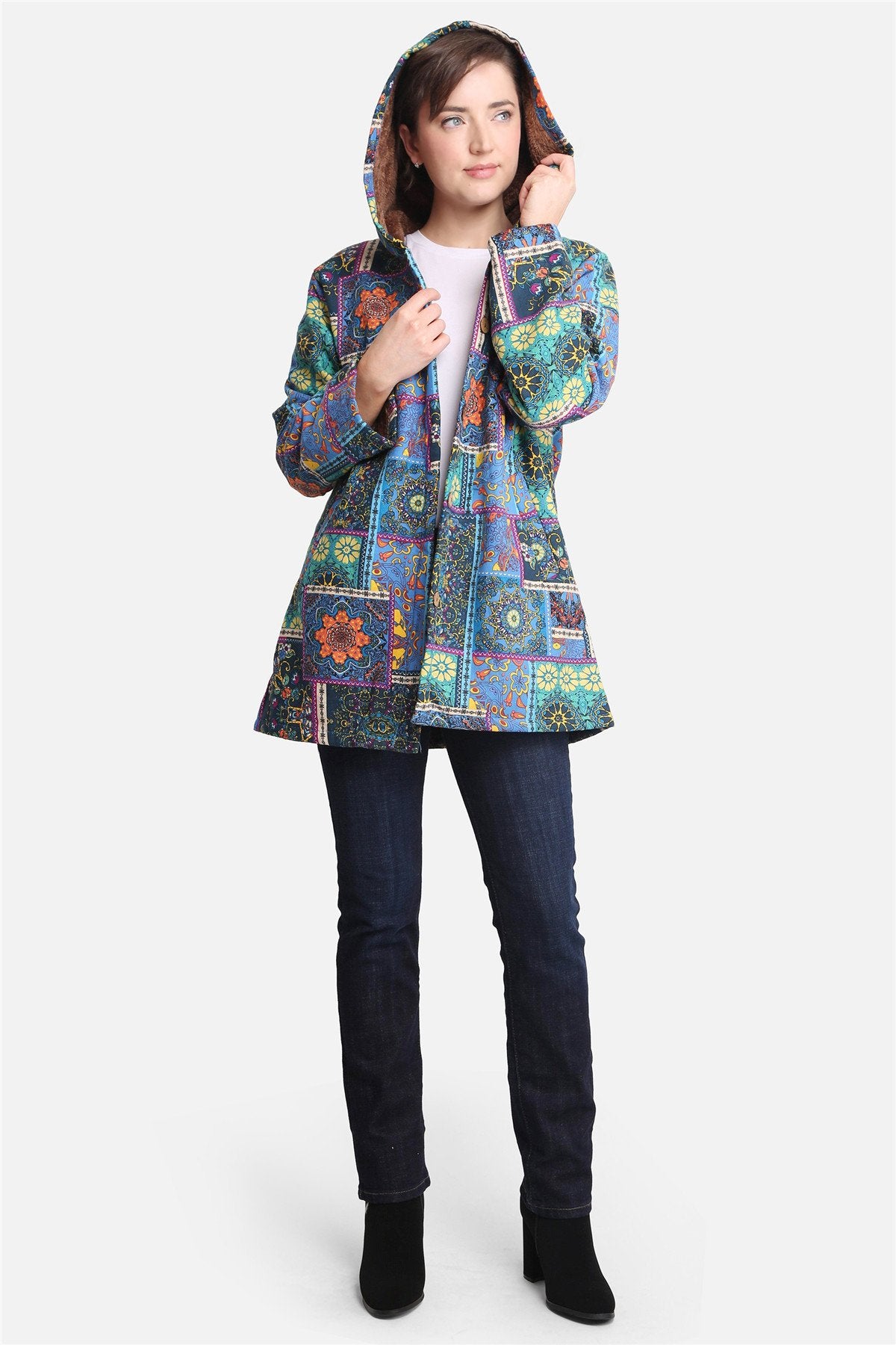 Floral & Mixed Print Jacket W/ Hood, Pockets, Button Closure, & Faux Fur Lining 