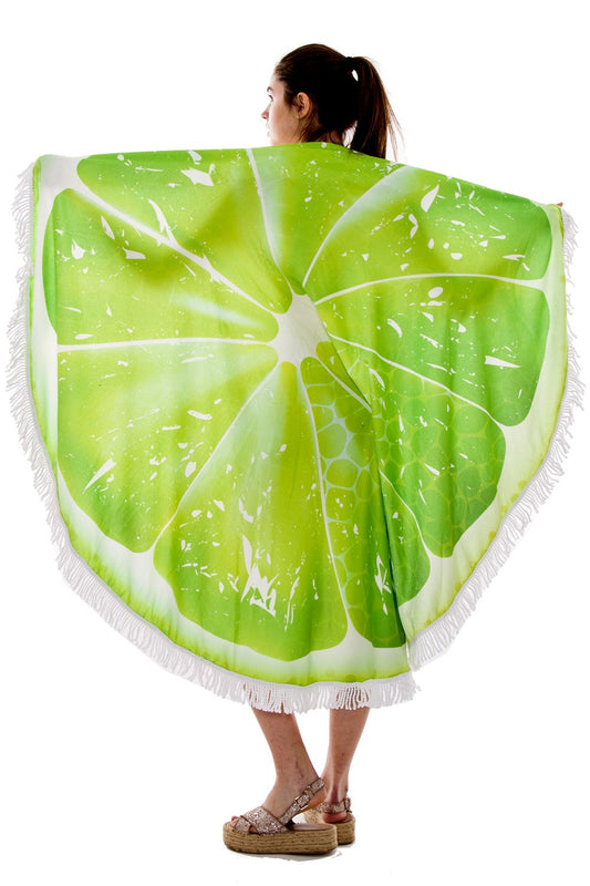 Lime Print Round Beach Towel With Fringes