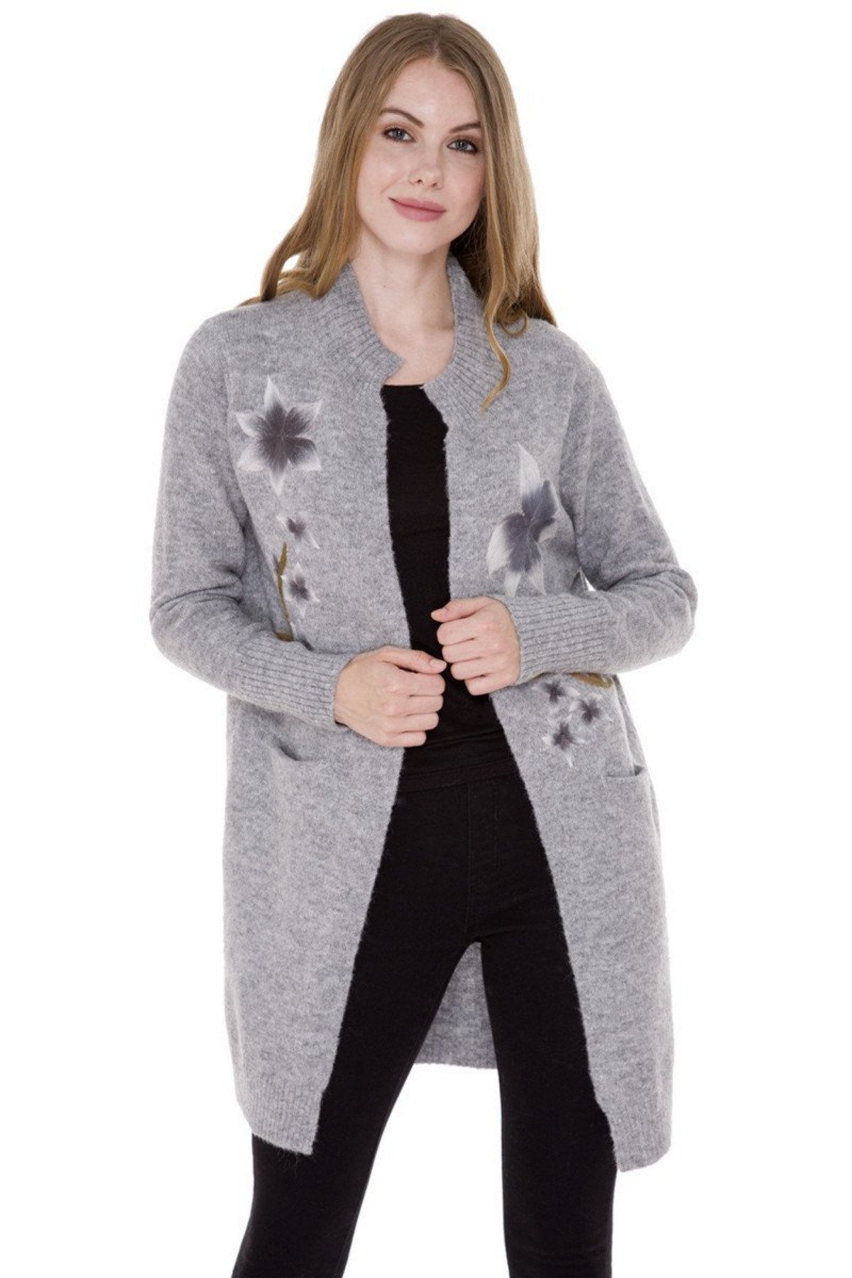 Solid Color Knitted Cardigan W/ Floral Detail & Pockets