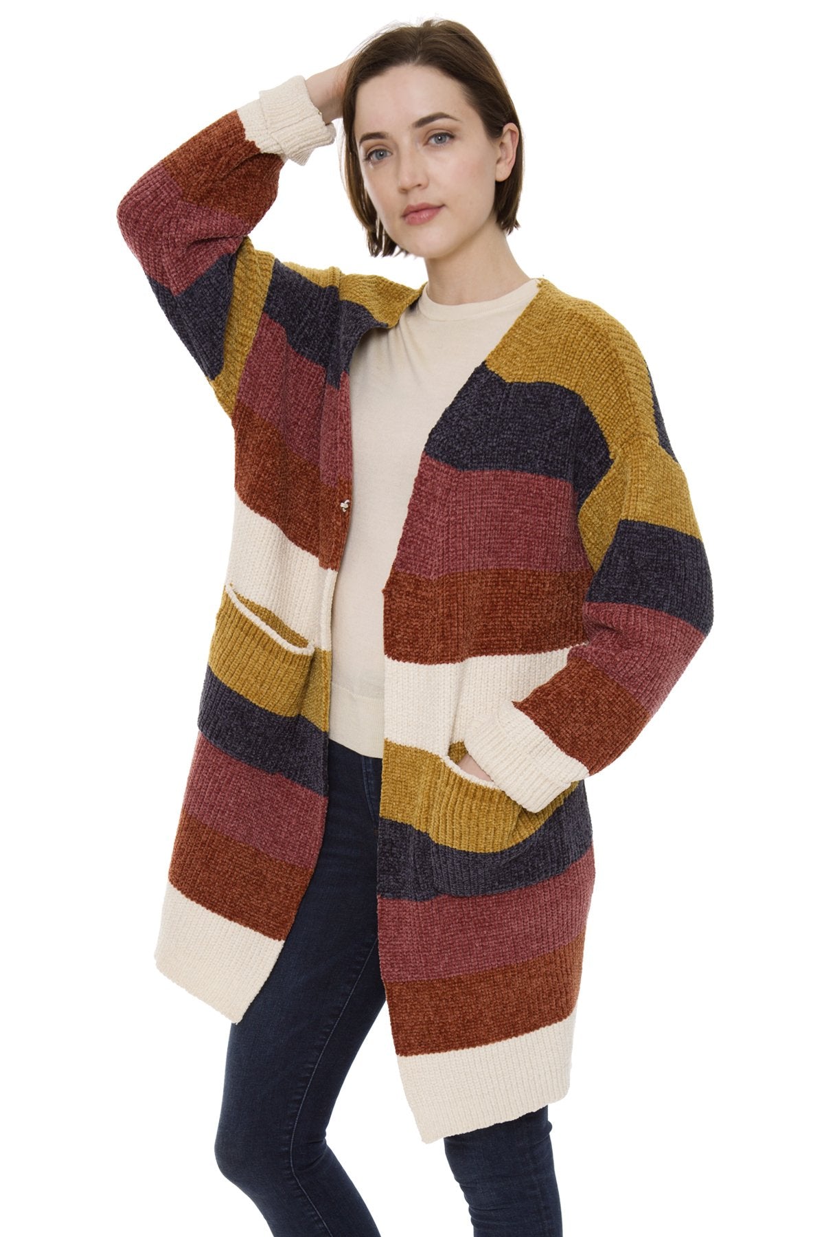 Stripe Pattern Color-Blocked Chenille Cardigan W/ Pockets & Hook Closure 