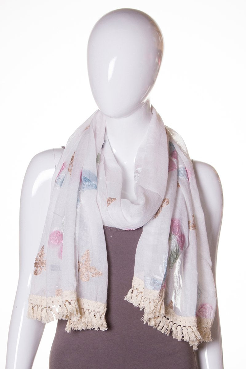 Butterfly Embroidery Cotton Scarf With Tassel