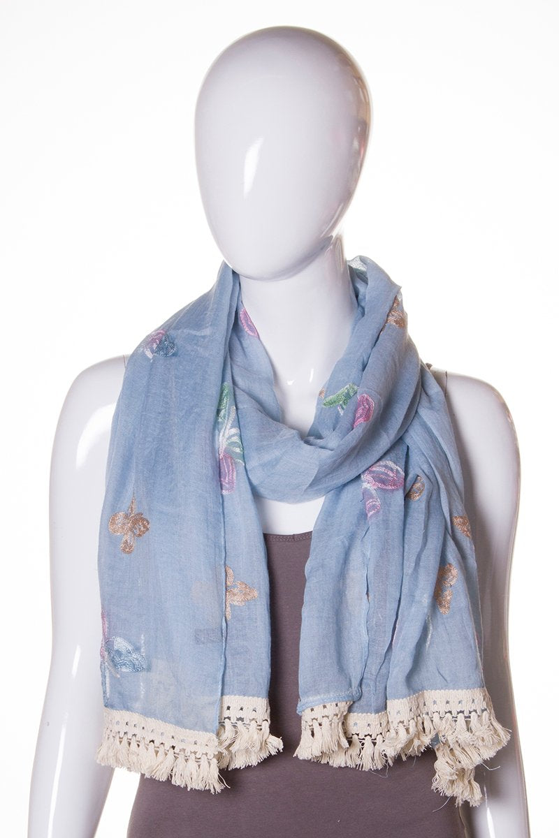 Butterfly Embroidery Cotton Scarf With Tassel