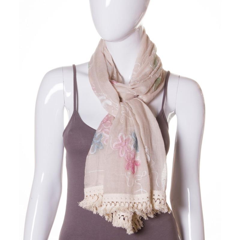 Flower Embroidery Cotton Scarf With Tassel