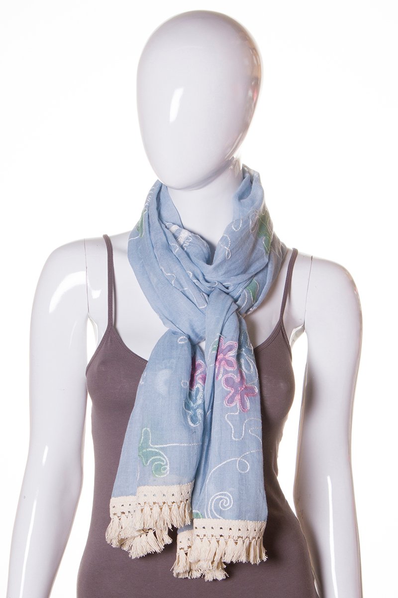 Flower Embroidery Cotton Scarf With Tassel