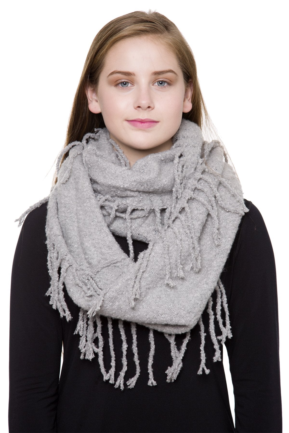 Soft Solid Color Infinity Scarf With Fringes 