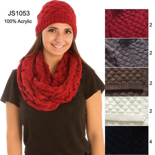 Solid Color Knitted Beanie & Infinity Scarf Set - 12Pc Set
